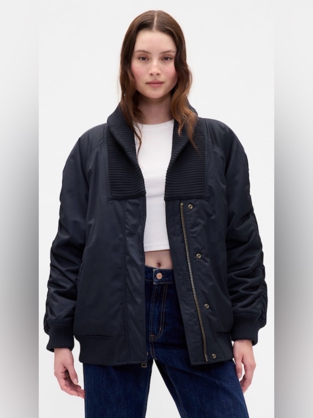 GAP Oversized Knit-Trim Bomber Jacket - Navy - Picture 1 of 7